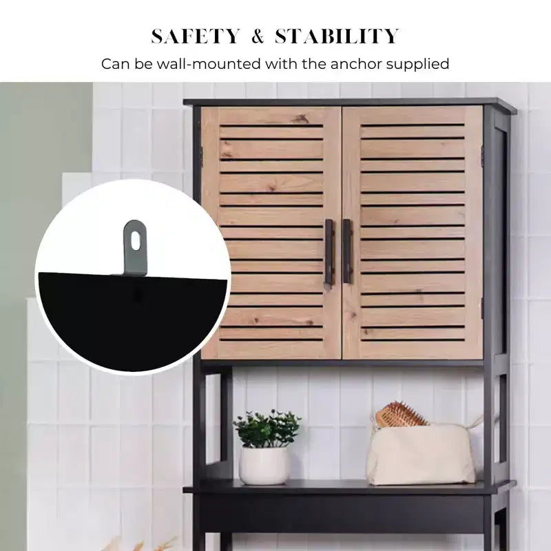 Meuble de Rangement WC Evideco, avec Double Porte Aérée et Étagère Ouverte, Noir et Marron - Collection Bergen