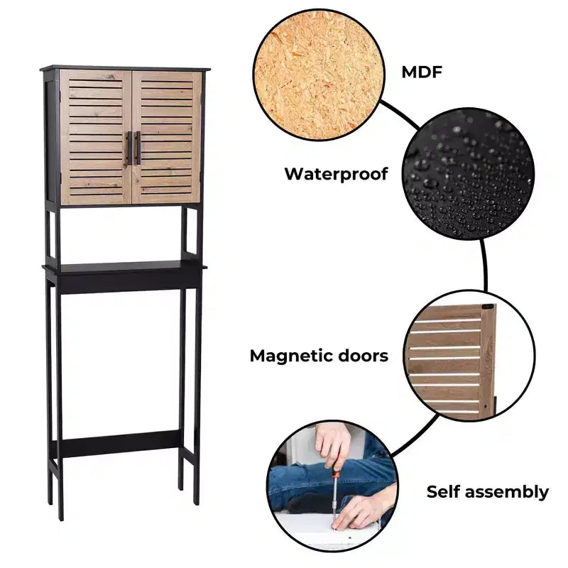 Meuble de Rangement WC Evideco, avec Double Porte Aérée et Étagère Ouverte, Noir et Marron - Collection Bergen