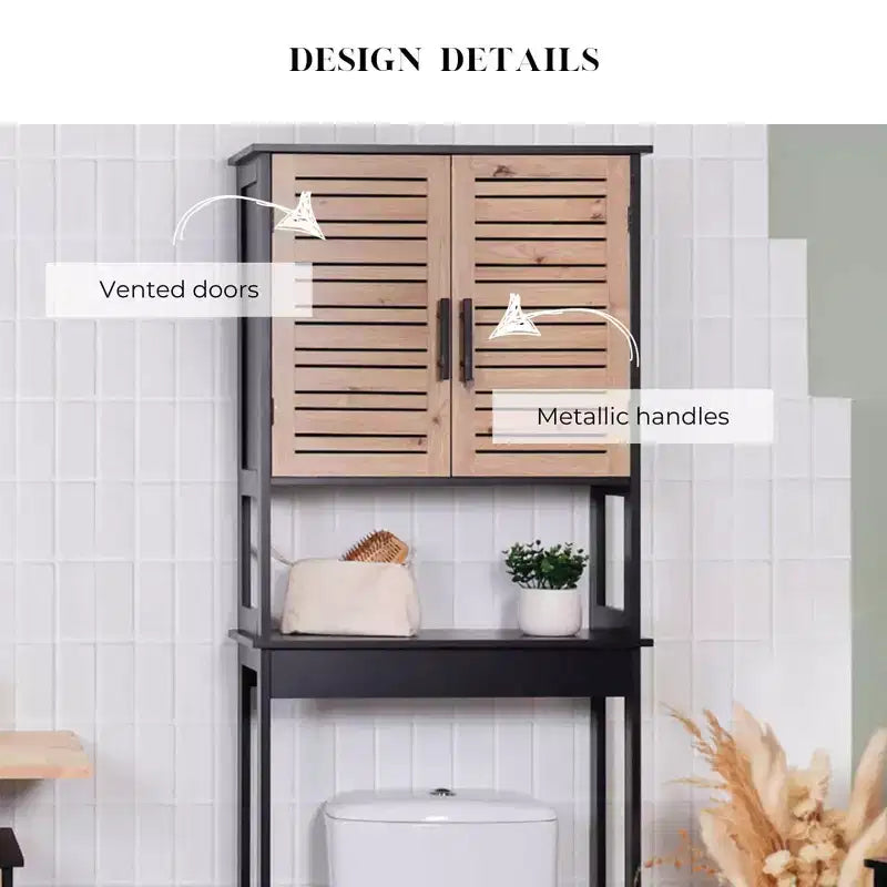 Meuble de Rangement WC Evideco, avec Double Porte Aérée et Étagère Ouverte, Noir et Marron - Collection Bergen