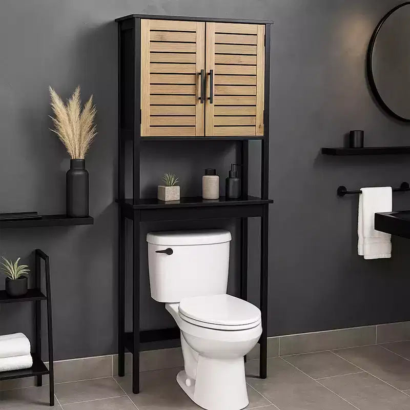 Meuble de Rangement WC Evideco, avec Double Porte Aérée et Étagère Ouverte, Noir et Marron - Collection Bergen