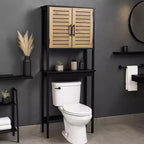 Meuble de Rangement WC Evideco, avec Double Porte Aérée et Étagère Ouverte, Noir et Marron - Collection Bergen