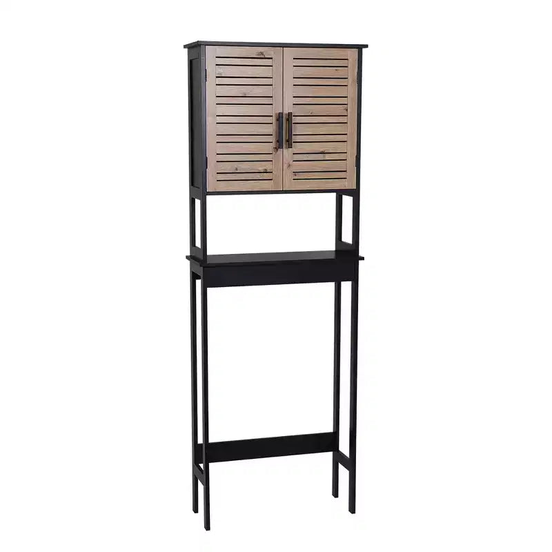 Meuble de Rangement WC Evideco, avec Double Porte Aérée et Étagère Ouverte, Noir et Marron - Collection Bergen