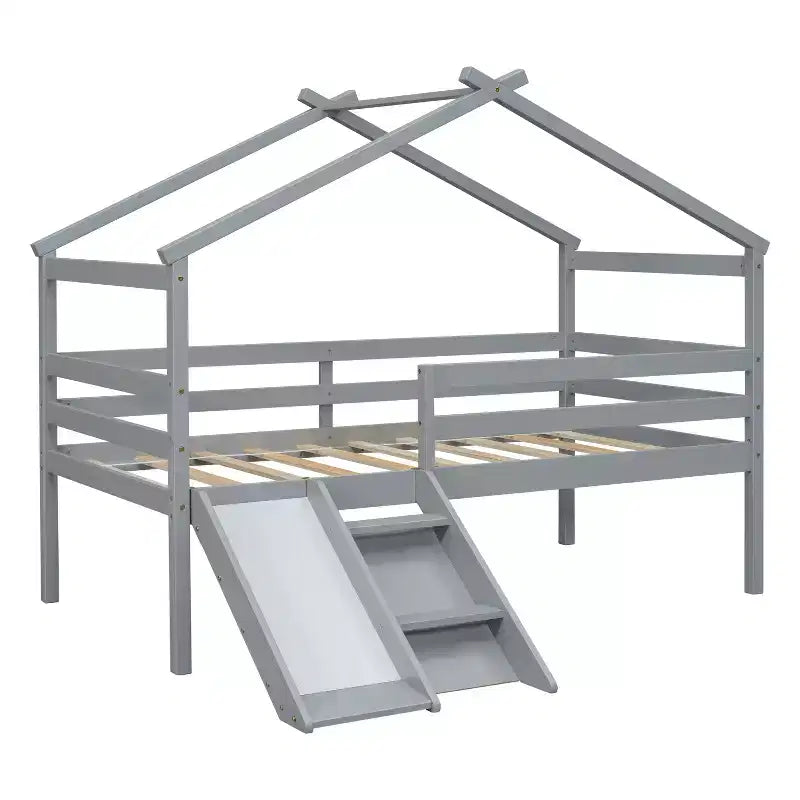 Whisen 81.7L x 67.6W Lit maison mezzanine jumeau avec toboggan, échelle, garde-corps de sécurité, cadre de toit de maison