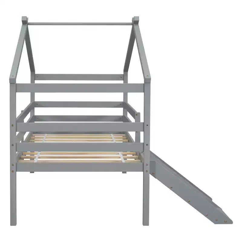 Whisen 81.7L x 67.6W Lit maison mezzanine jumeau avec toboggan, échelle, garde-corps de sécurité, cadre de toit de maison