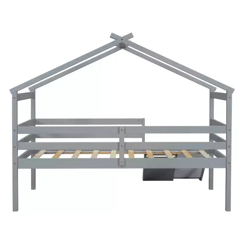 Whisen 81.7L x 67.6W Lit maison mezzanine jumeau avec toboggan, échelle, garde-corps de sécurité, cadre de toit de maison