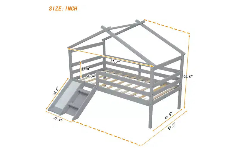Whisen 81.7L x 67.6W Lit maison mezzanine jumeau avec toboggan, échelle, garde-corps de sécurité, cadre de toit de maison