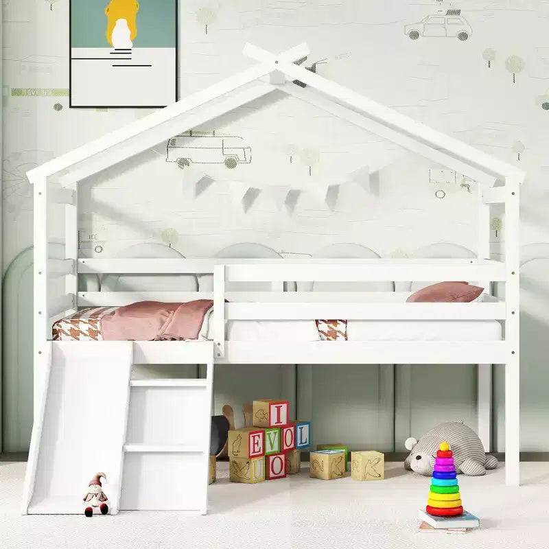 Whisen 81.7L x 67.6W Lit maison mezzanine jumeau avec toboggan, échelle, garde-corps de sécurité, cadre de toit de maison