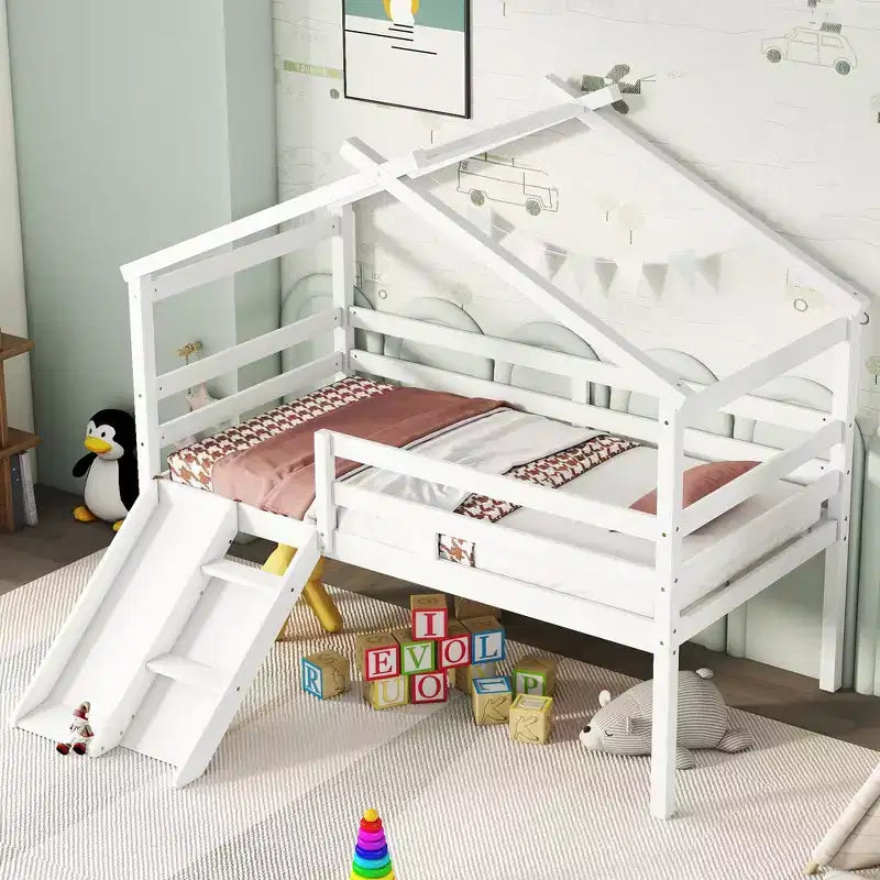 Whisen 81.7L x 67.6W Lit maison mezzanine jumeau avec toboggan, échelle, garde-corps de sécurité, cadre de toit de maison