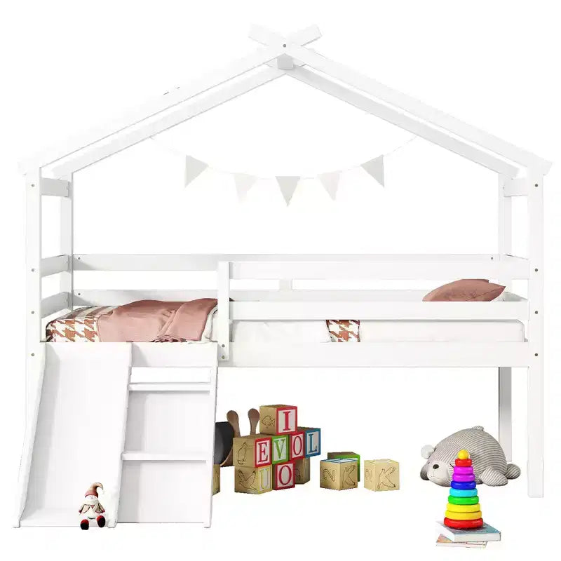Whisen 81.7L x 67.6W Lit maison mezzanine jumeau avec toboggan, échelle, garde-corps de sécurité, cadre de toit de maison