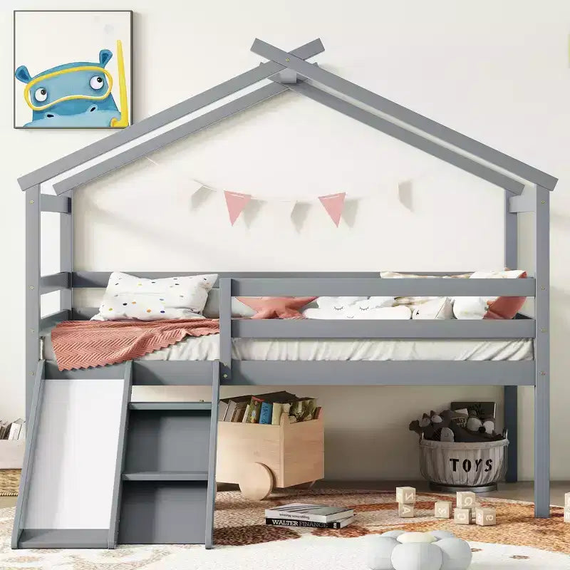 Whisen 81.7L x 67.6W Lit maison mezzanine jumeau avec toboggan, échelle, garde-corps de sécurité, cadre de toit de maison