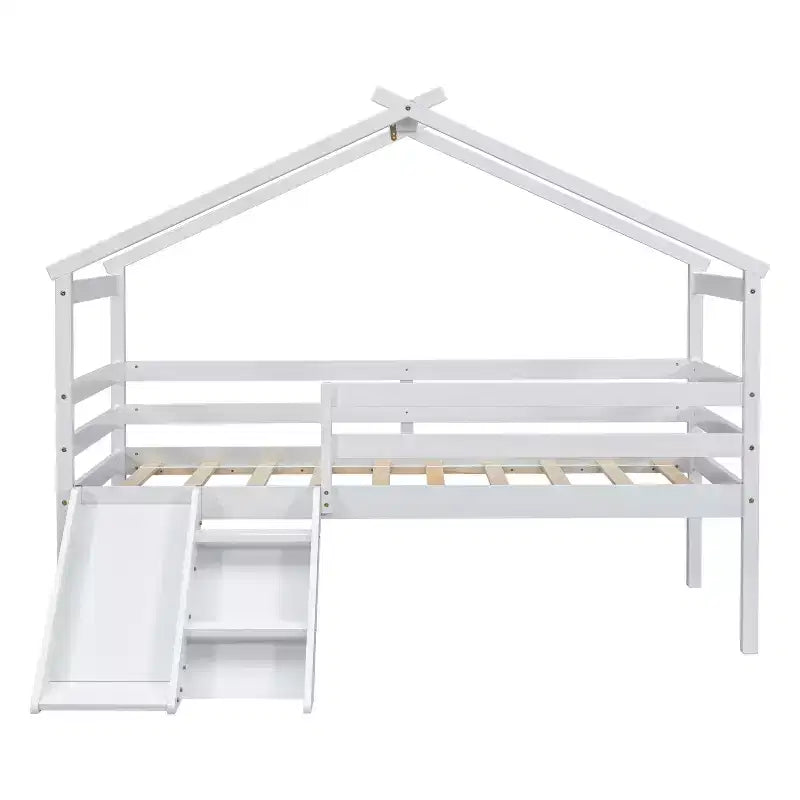 Whisen 81.7L x 67.6W Lit maison mezzanine jumeau avec toboggan, échelle, garde-corps de sécurité, cadre de toit de maison