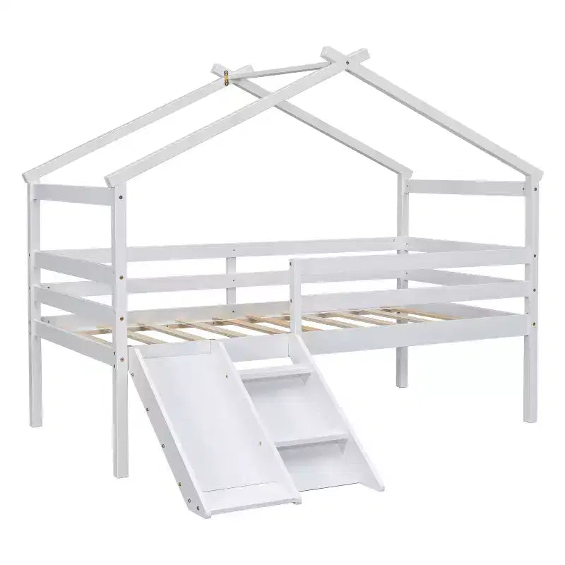 Whisen 81.7L x 67.6W Lit maison mezzanine jumeau avec toboggan, échelle, garde-corps de sécurité, cadre de toit de maison