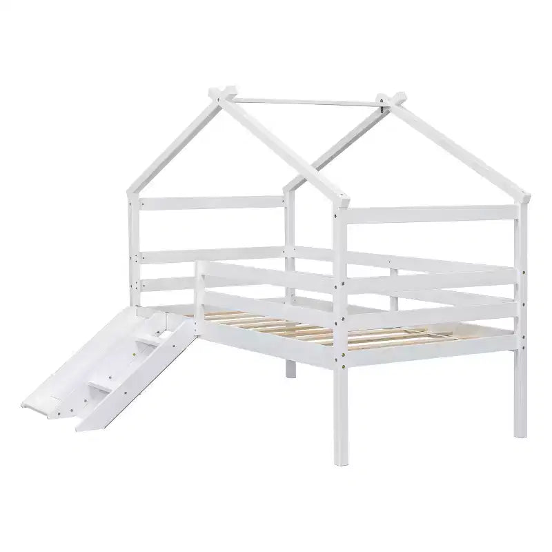 Whisen 81.7L x 67.6W Lit maison mezzanine jumeau avec toboggan, échelle, garde-corps de sécurité, cadre de toit de maison