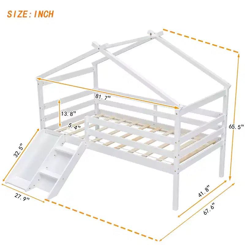 Whisen 81.7L x 67.6W Lit maison mezzanine jumeau avec toboggan, échelle, garde-corps de sécurité, cadre de toit de maison