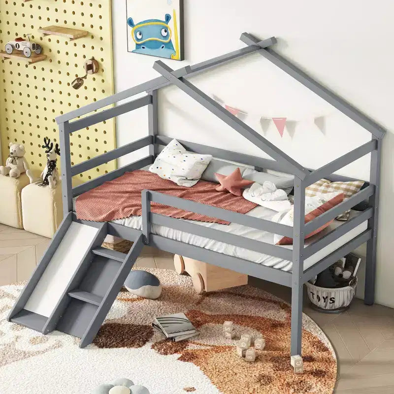 Whisen 81.7L x 67.6W Lit maison mezzanine jumeau avec toboggan, échelle, garde-corps de sécurité, cadre de toit de maison