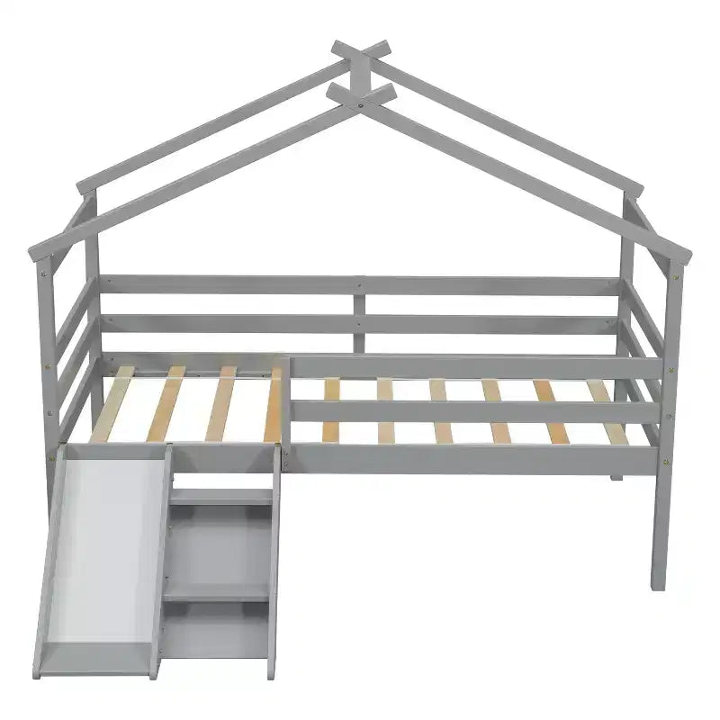 Whisen 81.7L x 67.6W Lit maison mezzanine jumeau avec toboggan, échelle, garde-corps de sécurité, cadre de toit de maison