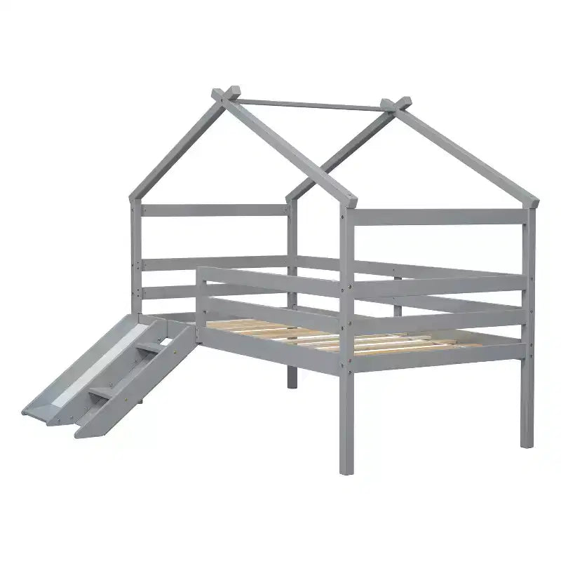 Whisen 81.7L x 67.6W Lit maison mezzanine jumeau avec toboggan, échelle, garde-corps de sécurité, cadre de toit de maison