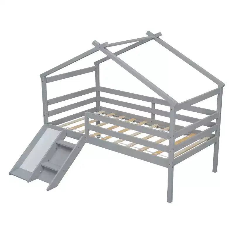 Whisen 81.7L x 67.6W Lit maison mezzanine jumeau avec toboggan, échelle, garde-corps de sécurité, cadre de toit de maison