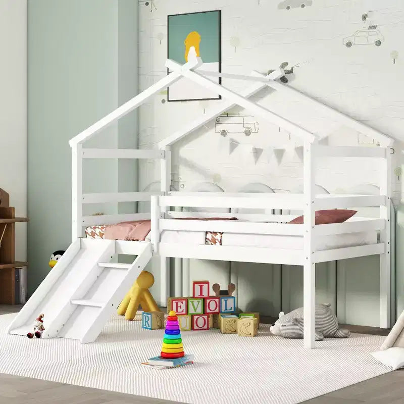 Whisen 81.7L x 67.6W Lit maison mezzanine jumeau avec toboggan, échelle, garde-corps de sécurité, cadre de toit de maison