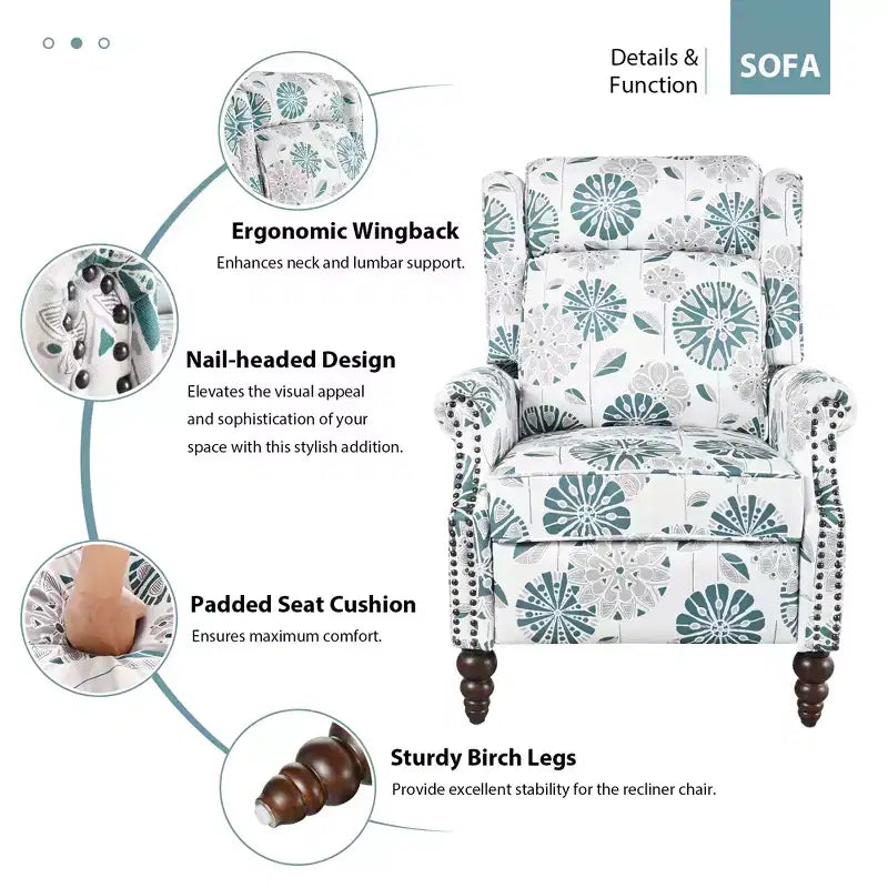 Fauteuil inclinable Christopher Knight Home Barnn 29.75 rembourré à dossier inclinable avec dossier à oreilles classique, blanc/bleu