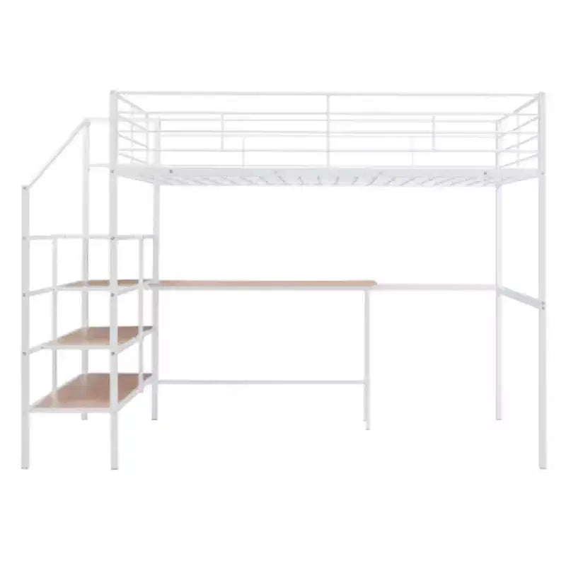 Lit mezzanine en métal : Grand format, bureau, échelle de rangement latérale