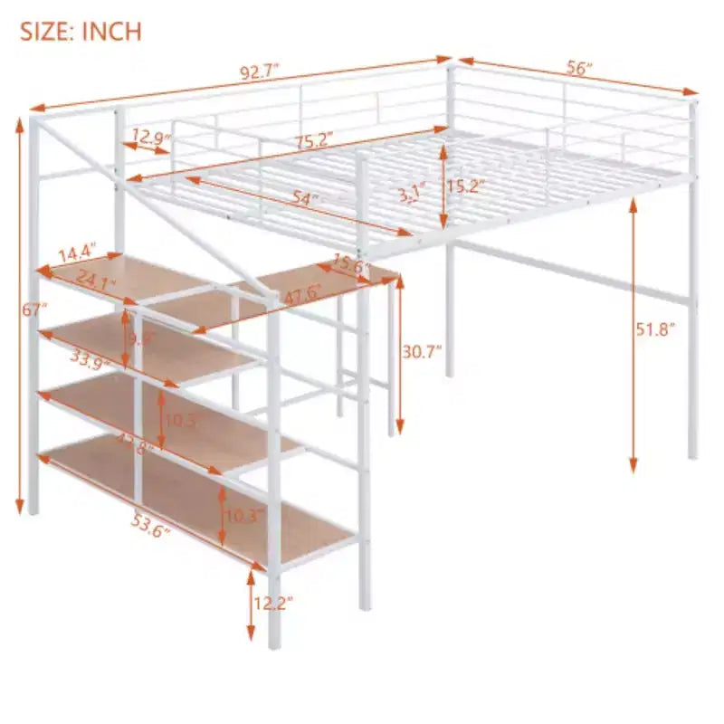 Lit mezzanine en métal : Grand format, bureau, échelle de rangement latérale