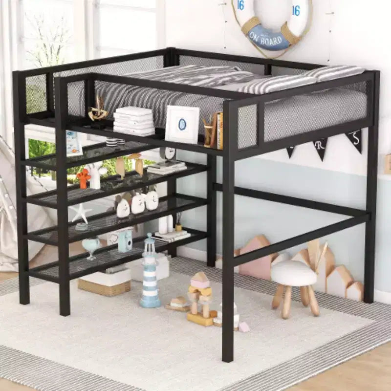 Metal Loft Bed with 4 Layers of Shelves, Full Size Mattress
