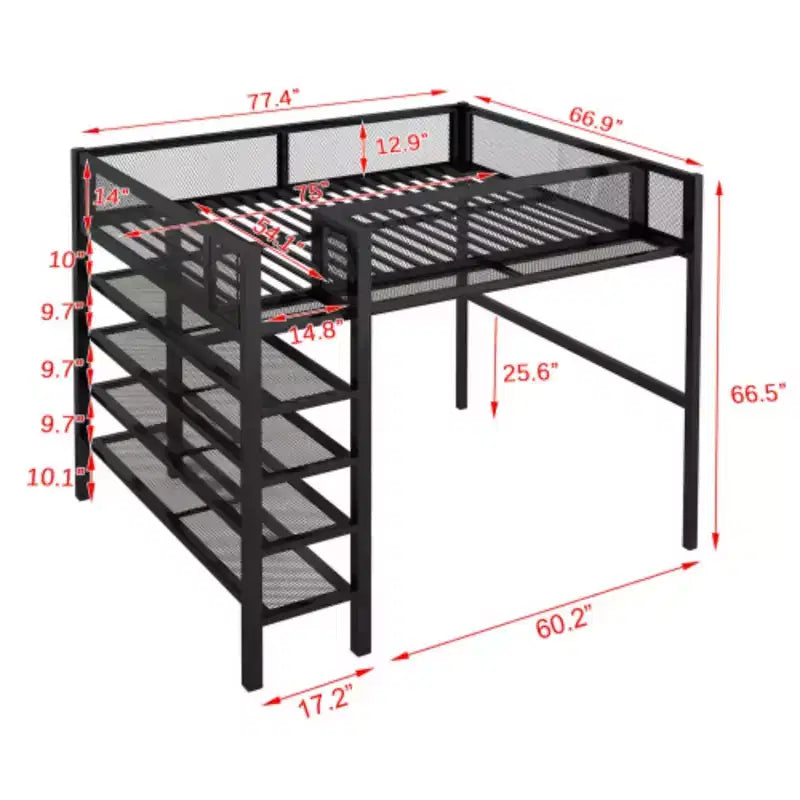 Lit mezzanine en métal avec 4 étagères, matelas double