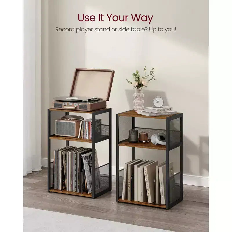 Meuble de rangement pour platine vinyle à 3 niveaux et table d'appoint – Peut contenir jusqu'à 100 disques vinyles, idéal pour le salon et la chambre