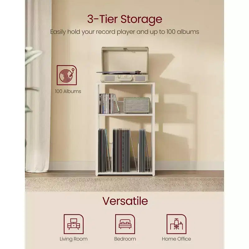 Meuble de rangement pour platine vinyle à 3 niveaux et table d'appoint – Peut contenir jusqu'à 100 disques vinyles, idéal pour le salon et la chambre