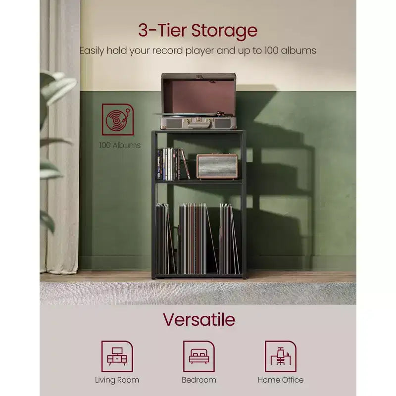 Meuble de rangement pour platine vinyle à 3 niveaux et table d'appoint – Peut contenir jusqu'à 100 disques vinyles, idéal pour le salon et la chambre