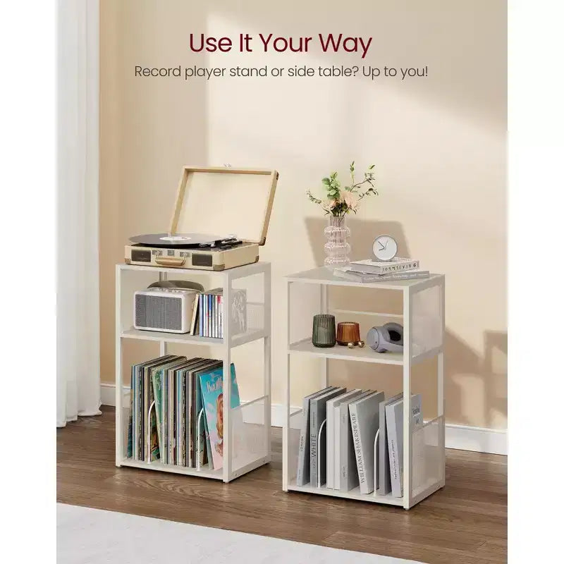 Meuble de rangement pour platine vinyle à 3 niveaux et table d'appoint – Peut contenir jusqu'à 100 disques vinyles, idéal pour le salon et la chambre