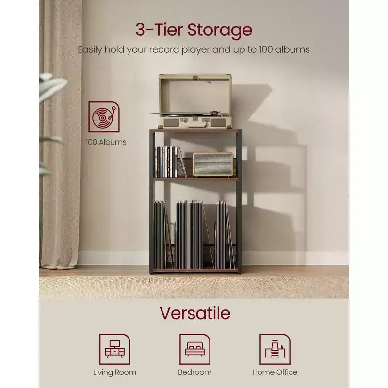 Meuble de rangement pour platine vinyle à 3 niveaux et table d'appoint – Peut contenir jusqu'à 100 disques vinyles, idéal pour le salon et la chambre