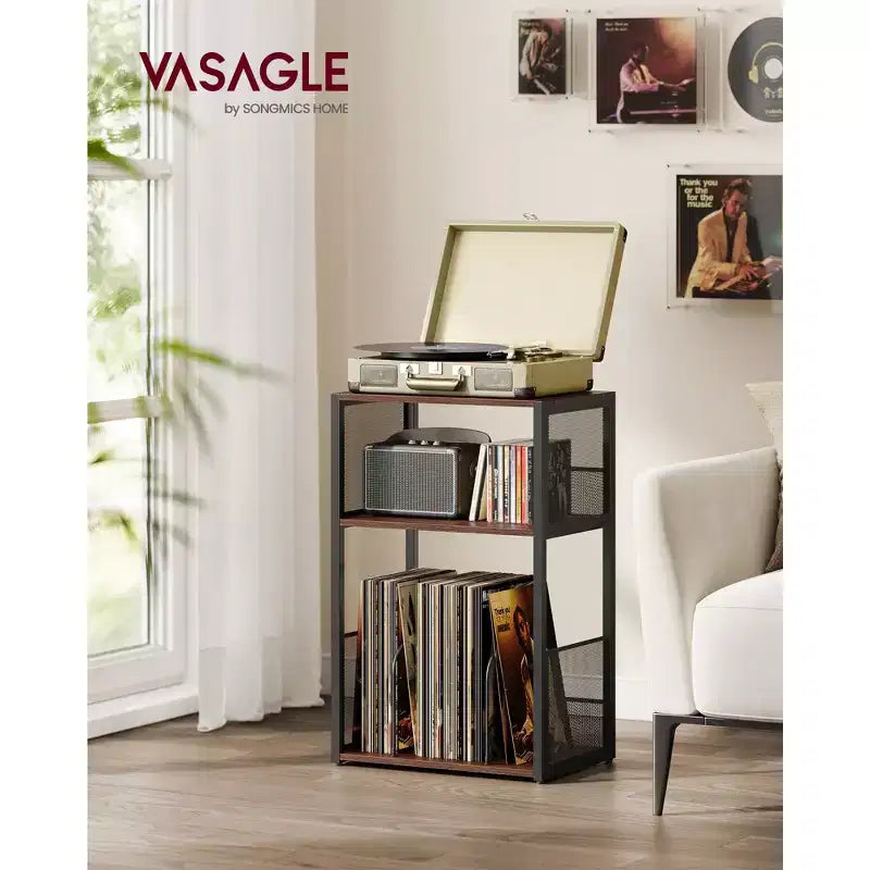Meuble de rangement pour platine vinyle à 3 niveaux et table d'appoint – Peut contenir jusqu'à 100 disques vinyles, idéal pour le salon et la chambre