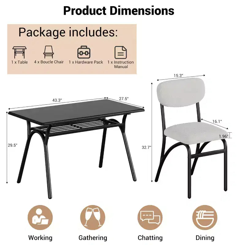 Ensemble Table à Manger WhizMax pour 4, Table de Cuisine Rectangulaire avec 4 Chaises en Boucle, Table à Manger avec Rangement