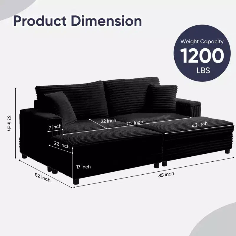 Mjkone Chaise longue surdimensionnée d'intérieur, canapé moderne en velours côtelé de 85 pouces de large avec 2 poufs mobiles, fauteuil de canapé paresseux confortable