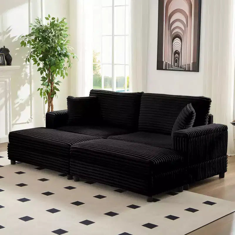 Mjkone Chaise longue surdimensionnée d'intérieur, canapé moderne en velours côtelé de 85 pouces de large avec 2 poufs mobiles, fauteuil de canapé paresseux confortable