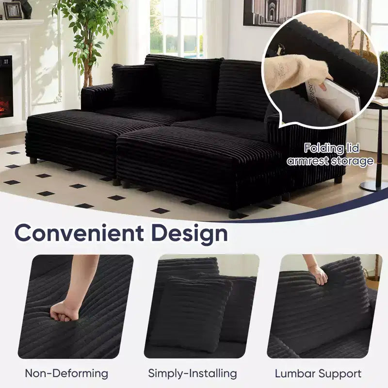 Mjkone Chaise longue surdimensionnée d'intérieur, canapé moderne en velours côtelé de 85 pouces de large avec 2 poufs mobiles, fauteuil de canapé paresseux confortable