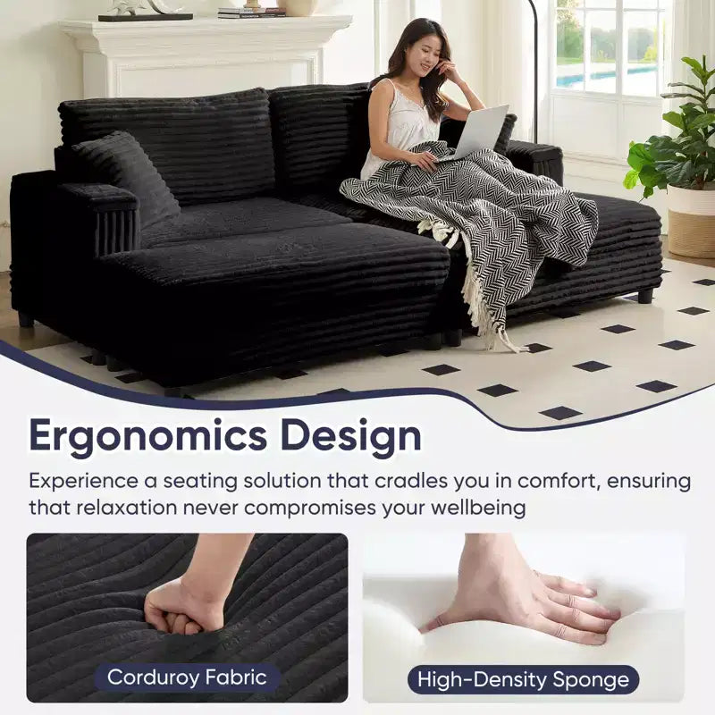 Mjkone Chaise longue surdimensionnée d'intérieur, canapé moderne en velours côtelé de 85 pouces de large avec 2 poufs mobiles, fauteuil de canapé paresseux confortable