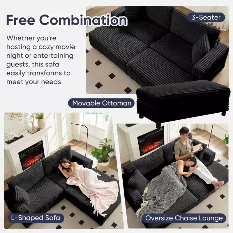 Mjkone Chaise longue surdimensionnée d'intérieur, canapé moderne en velours côtelé de 85 pouces de large avec 2 poufs mobiles, fauteuil de canapé paresseux confortable