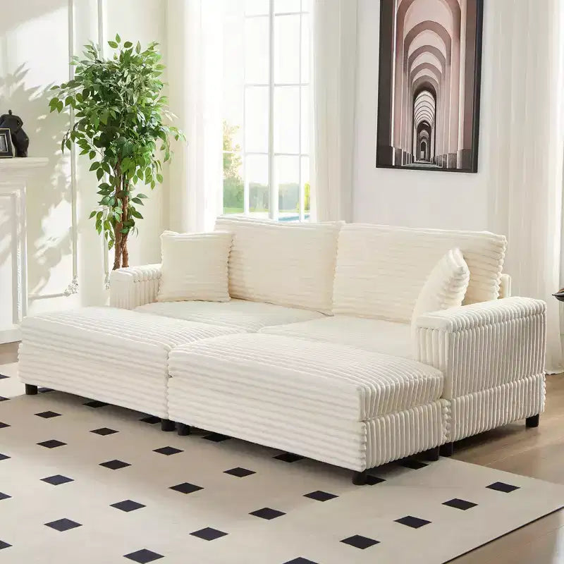 Mjkone Chaise longue surdimensionnée d'intérieur, canapé moderne en velours côtelé de 85 pouces de large avec 2 poufs mobiles, fauteuil de canapé paresseux confortable