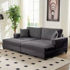 Mjkone Chaise longue surdimensionnée d'intérieur, canapé moderne en velours côtelé de 85 pouces de large avec 2 poufs mobiles, fauteuil de canapé paresseux confortable