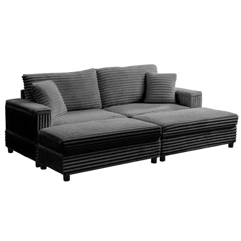 Mjkone Chaise longue surdimensionnée d'intérieur, canapé moderne en velours côtelé de 85 pouces de large avec 2 poufs mobiles, fauteuil de canapé paresseux confortable