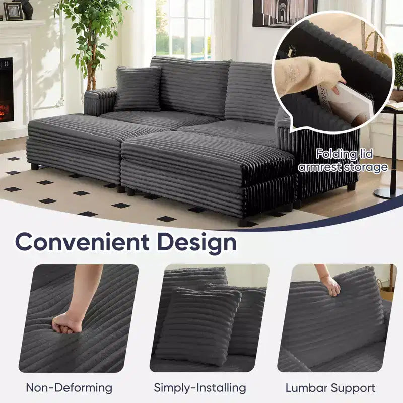 Mjkone Chaise longue surdimensionnée d'intérieur, canapé moderne en velours côtelé de 85 pouces de large avec 2 poufs mobiles, fauteuil de canapé paresseux confortable
