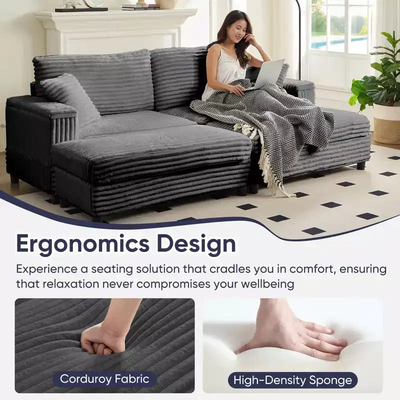 Mjkone Chaise longue surdimensionnée d'intérieur, canapé moderne en velours côtelé de 85 pouces de large avec 2 poufs mobiles, fauteuil de canapé paresseux confortable