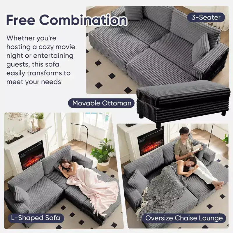 Mjkone Chaise longue surdimensionnée d'intérieur, canapé moderne en velours côtelé de 85 pouces de large avec 2 poufs mobiles, fauteuil de canapé paresseux confortable
