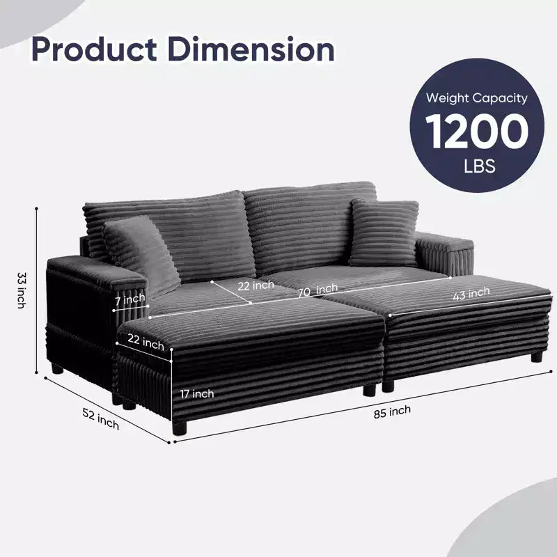 Mjkone Chaise longue surdimensionnée d'intérieur, canapé moderne en velours côtelé de 85 pouces de large avec 2 poufs mobiles, fauteuil de canapé paresseux confortable