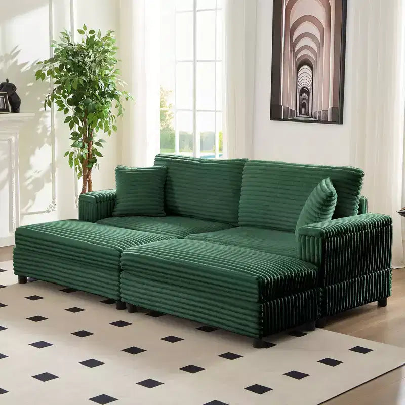 Mjkone Chaise longue surdimensionnée d'intérieur, canapé moderne en velours côtelé de 85 pouces de large avec 2 poufs mobiles, fauteuil de canapé paresseux confortable