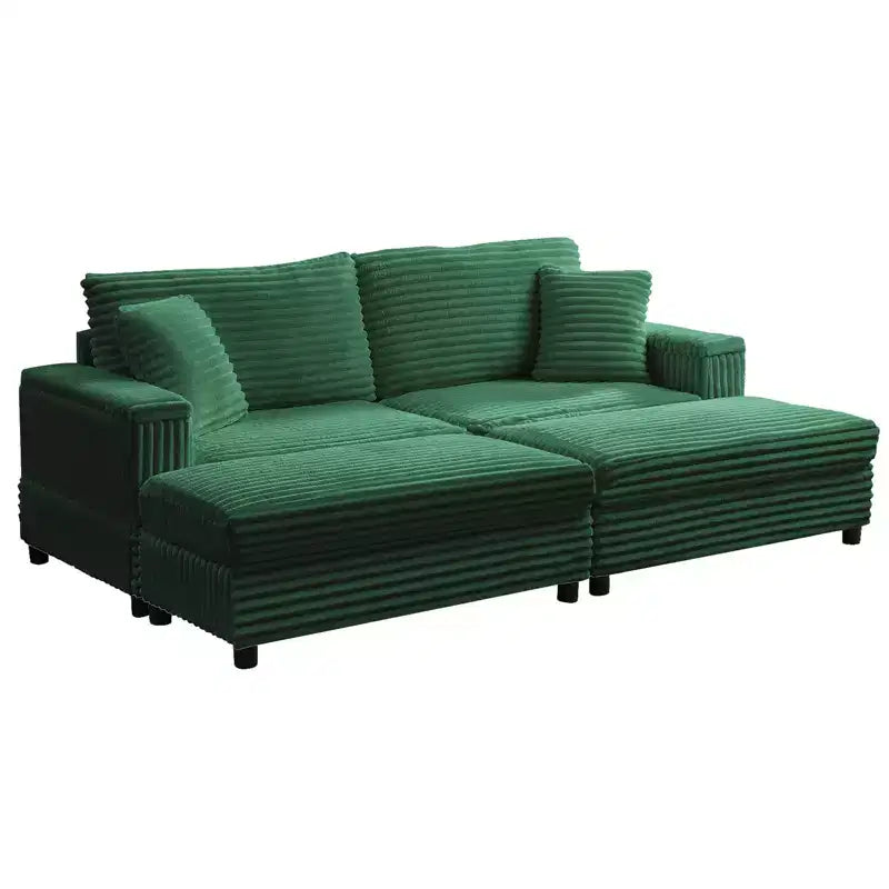 Mjkone Chaise longue surdimensionnée d'intérieur, canapé moderne en velours côtelé de 85 pouces de large avec 2 poufs mobiles, fauteuil de canapé paresseux confortable