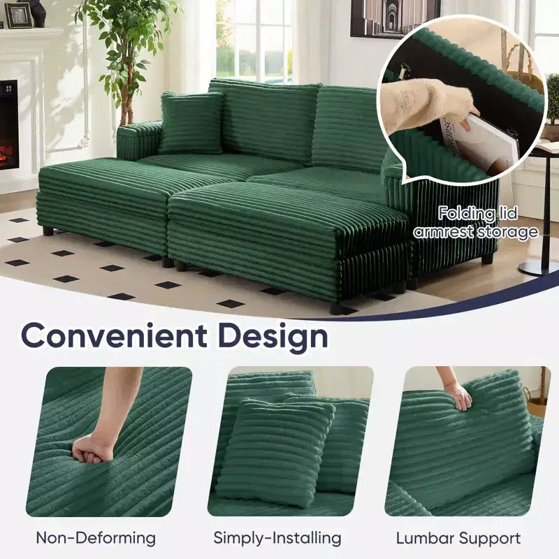 Mjkone Chaise longue surdimensionnée d'intérieur, canapé moderne en velours côtelé de 85 pouces de large avec 2 poufs mobiles, fauteuil de canapé paresseux confortable